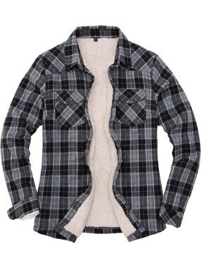 Medium Black/Grey Sherpa Lined Flannel Jacket with Hand Pockets for Women